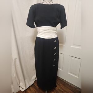 ​VTG Morton Myles Black Ivory Column Cummerbund Dress Jeweled Buttons 10